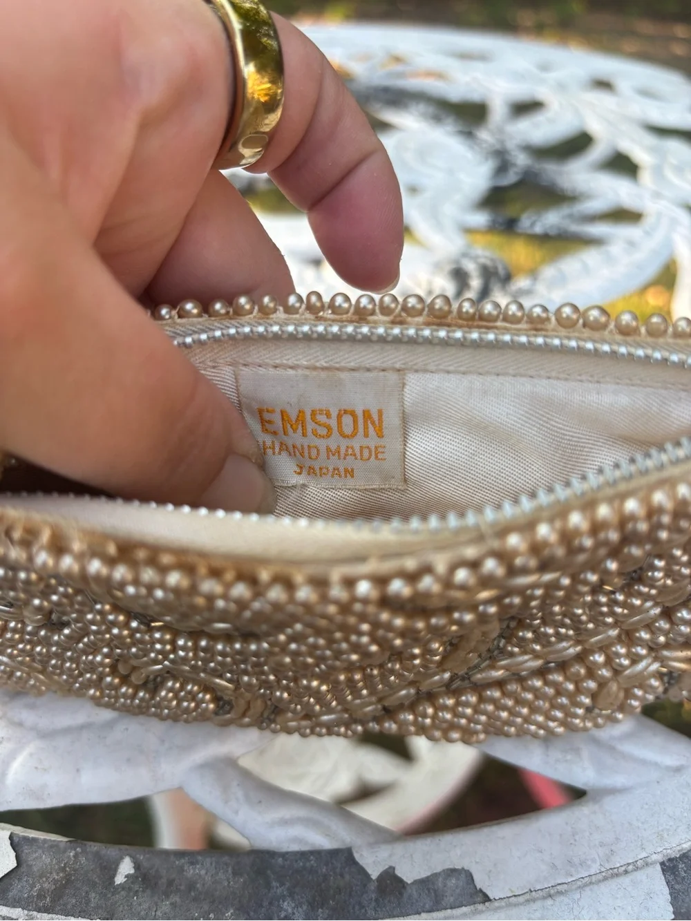 Vintage 60s Emson Handmade Pearl Swirl Beaded Clutch Evening Bag Japan